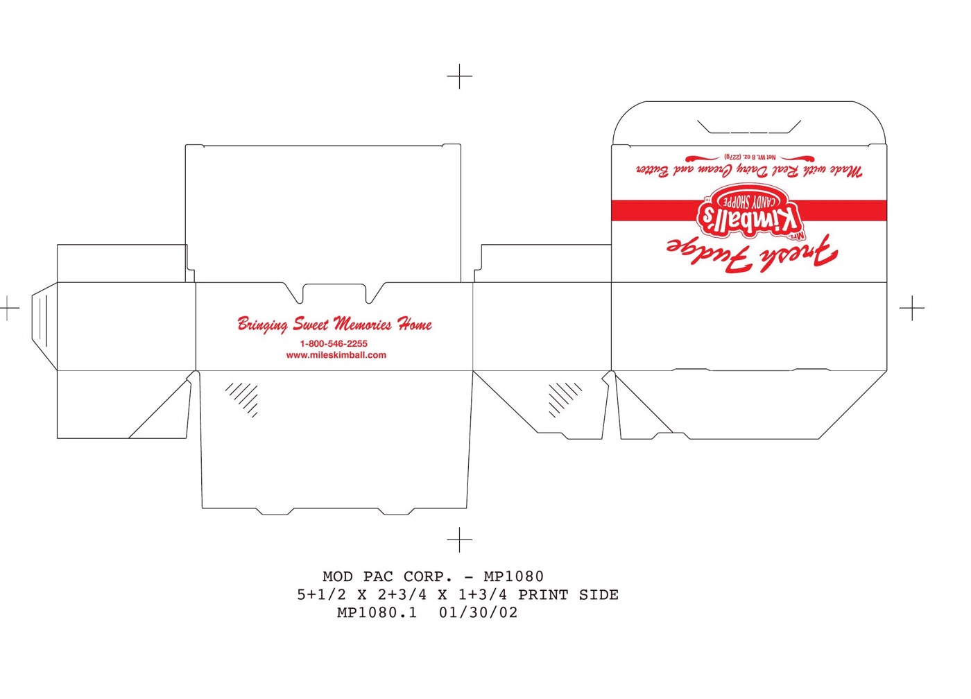 Package design dieline for Mrs. Kimball's Candy Shoppe
