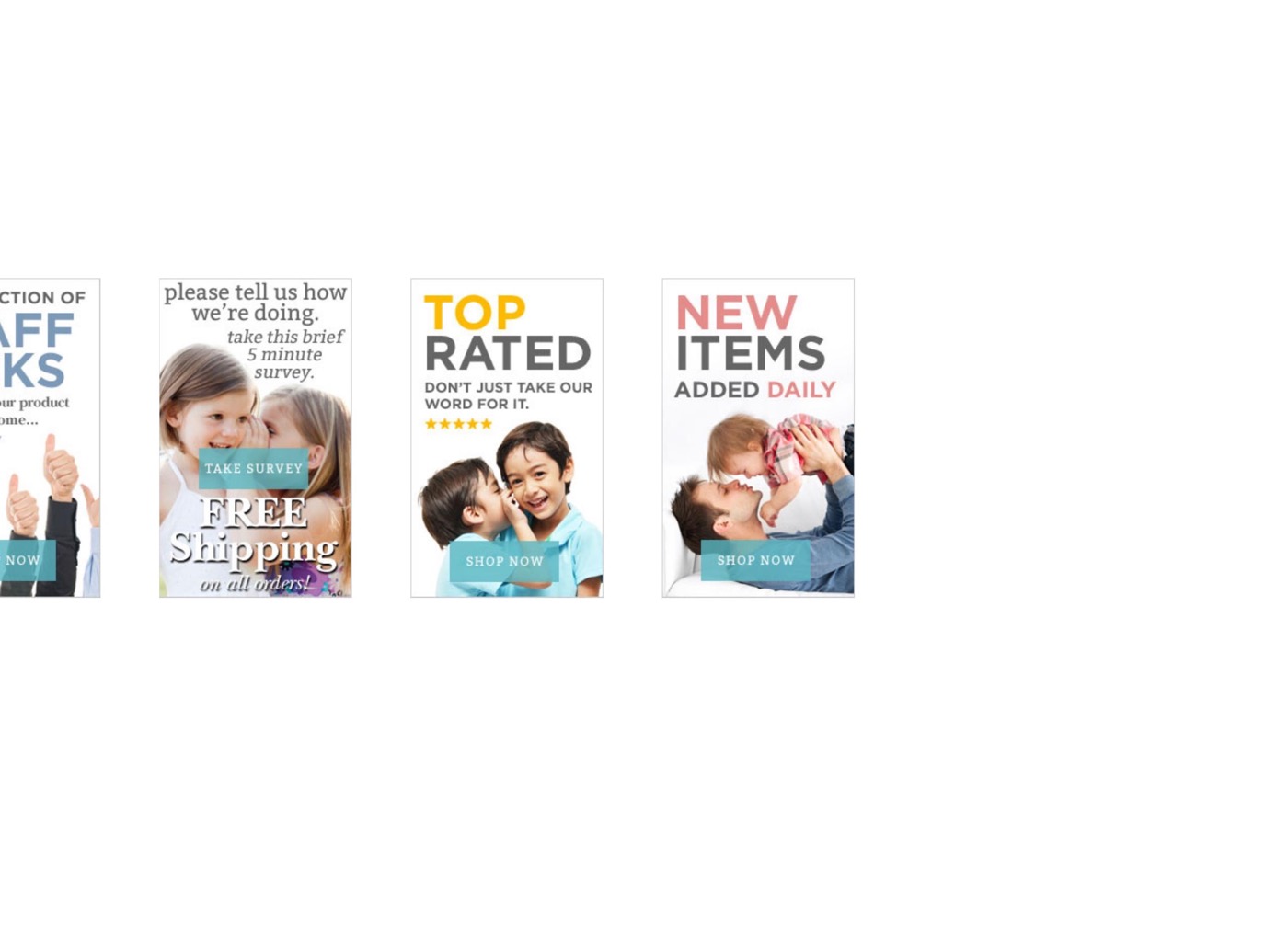 A series of e-commerce promotional graphics for web campaigns