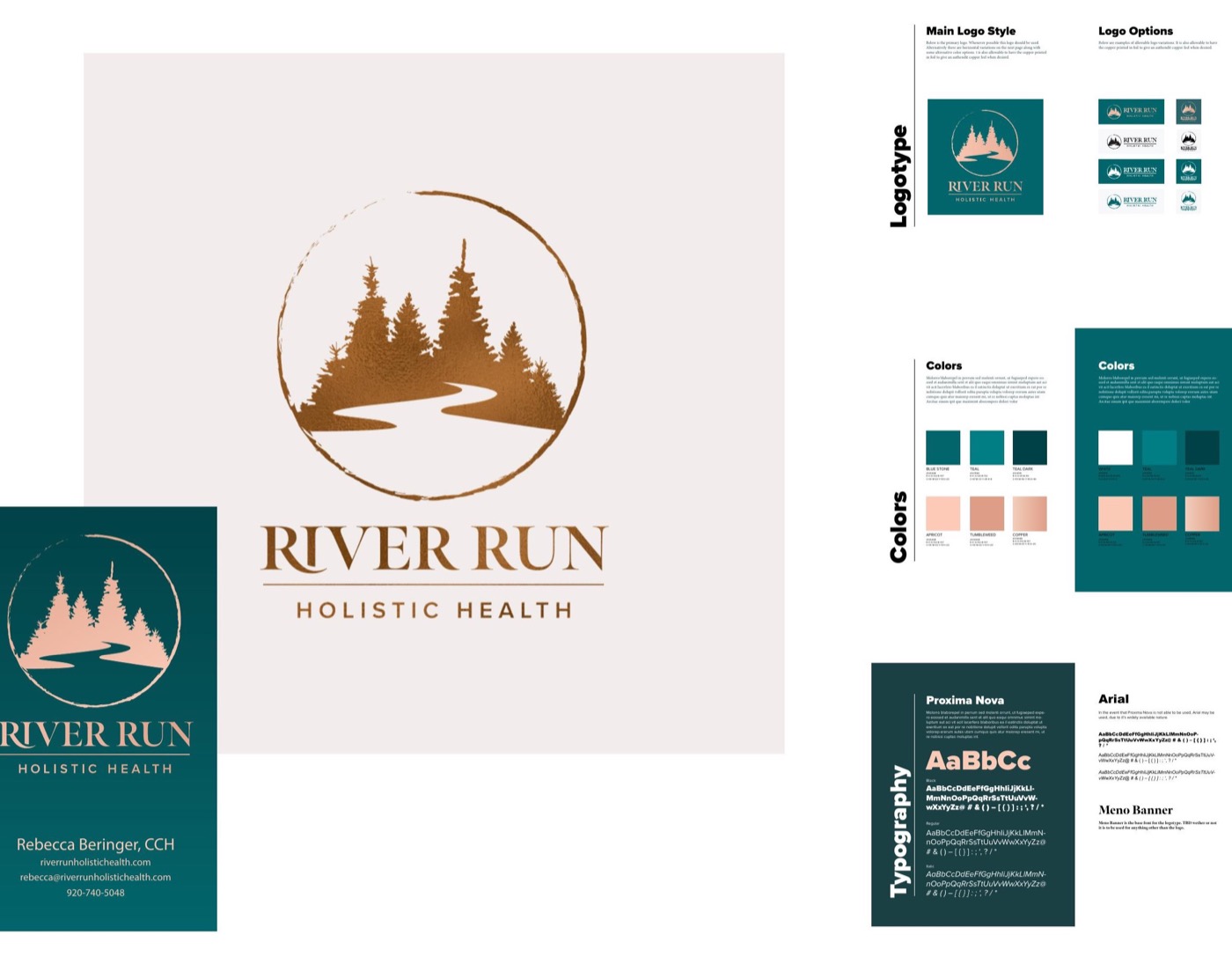 River Run Holistic Health logo, color palette, typography, and business card system