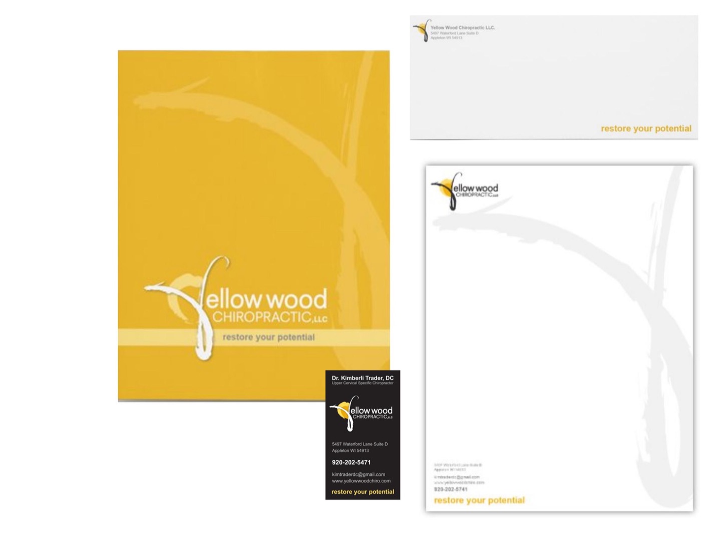 Yellow Wood Chiropractic folder, letterhead, business card, and storefront branding