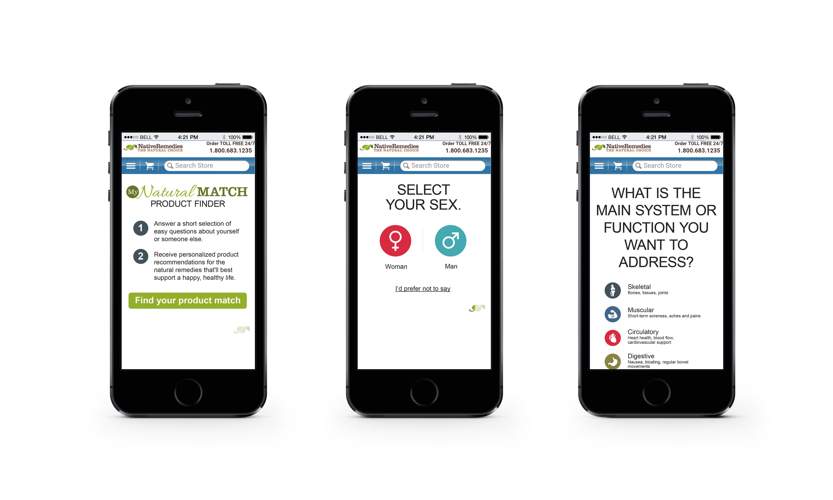 Three mobile screens from the Native Remedies interactive product finder