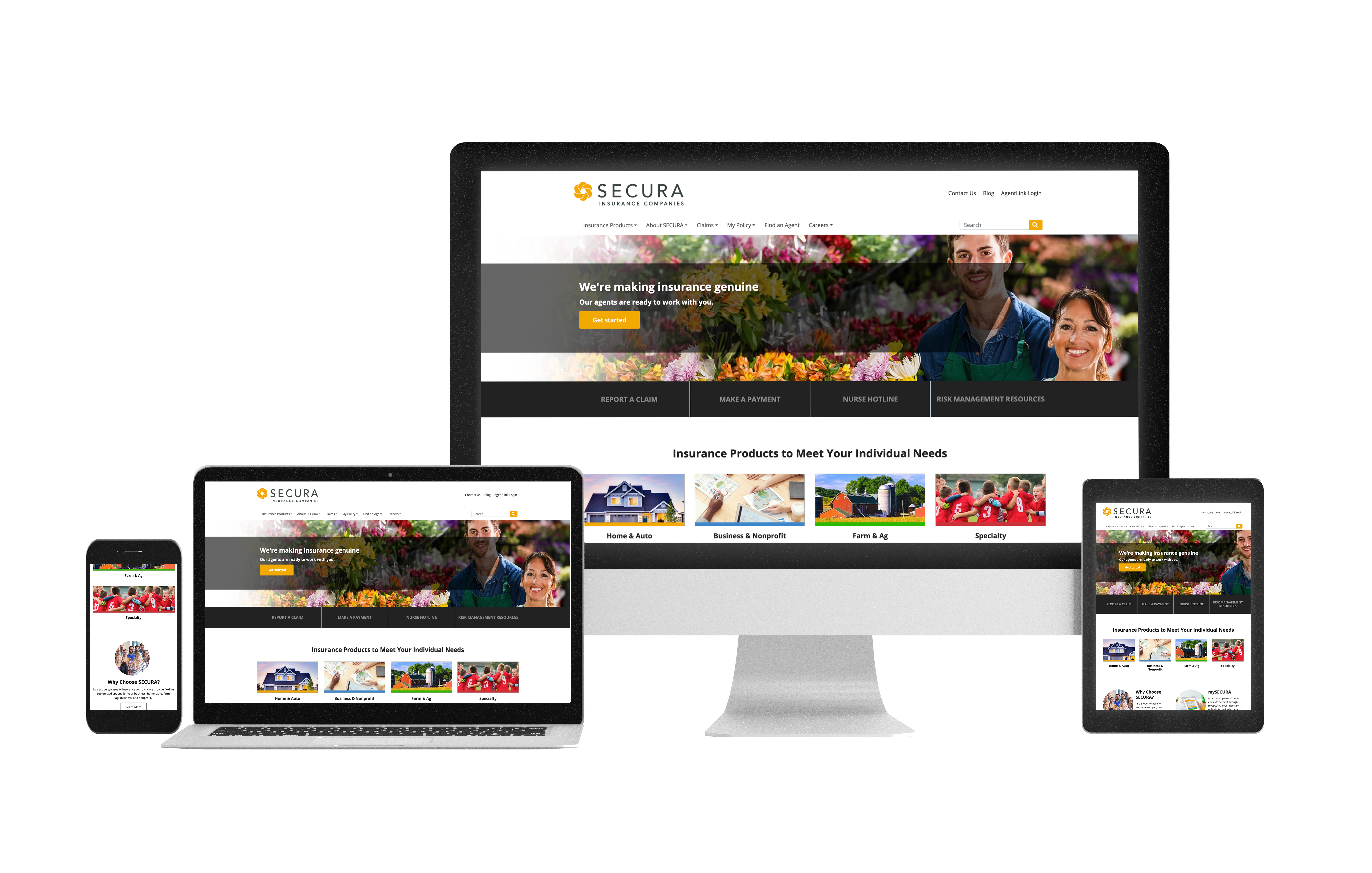 Responsive SECURA Insurance homepage designs shown across desktop, laptop, tablet, and mobile devices