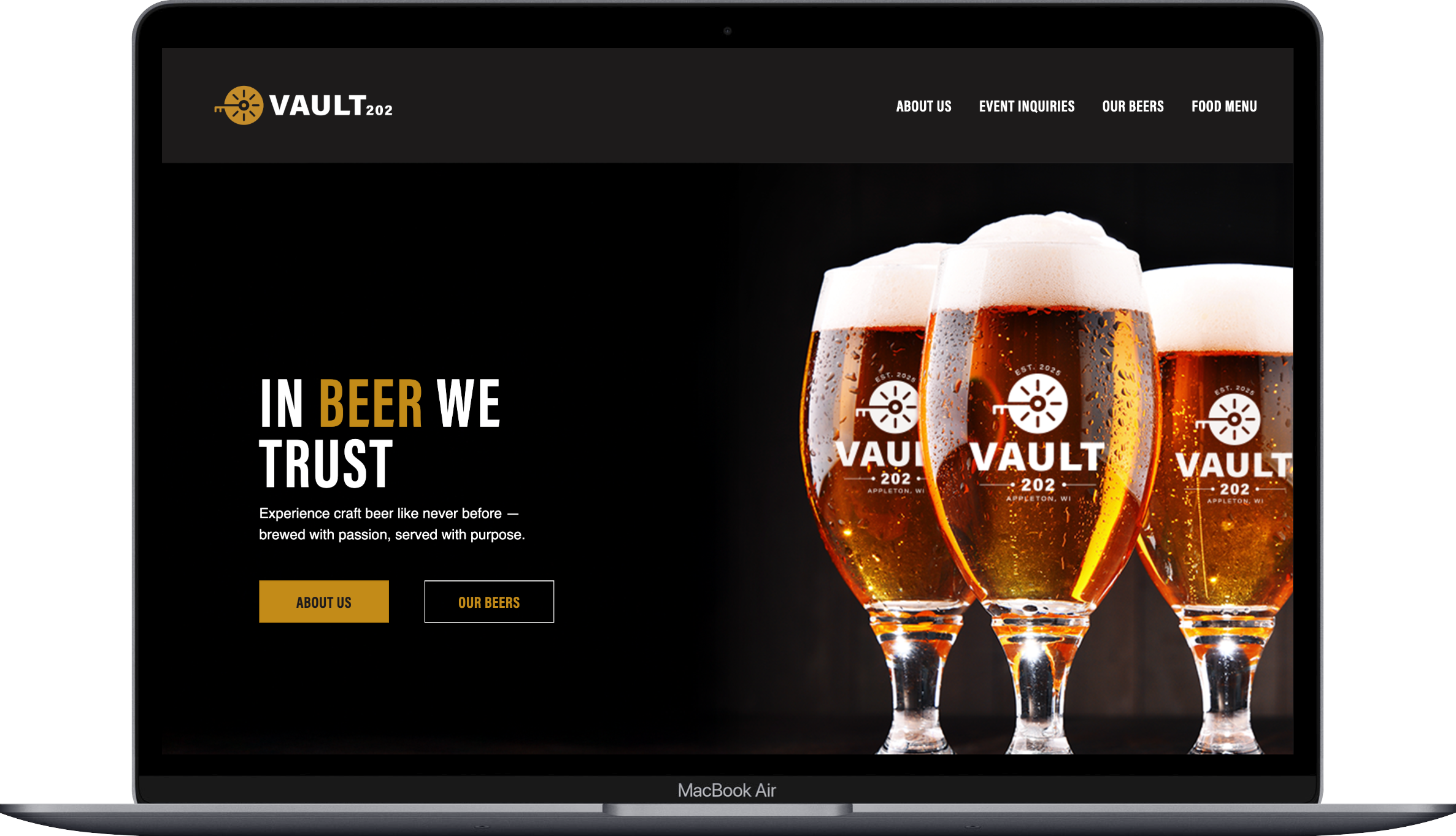 Vault 202 brewery homepage and branded beer glasses shown on a laptop